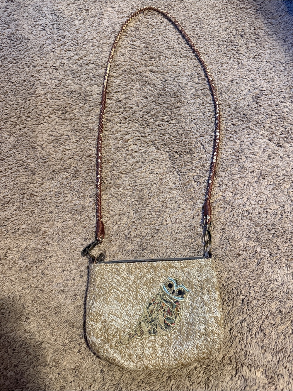Sakroots Natural Woven Crossbody with Multicolor Embroidered Owl